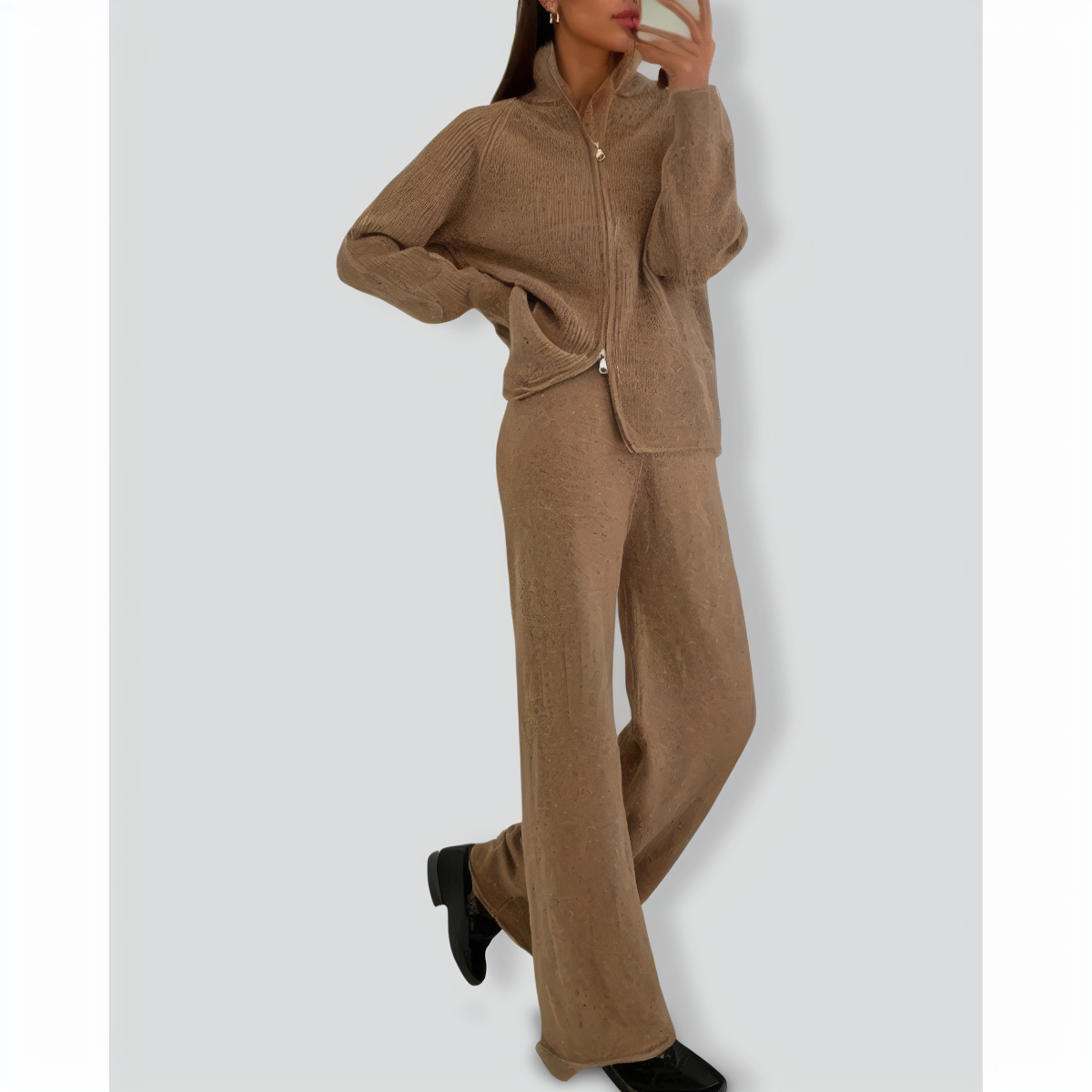Zipper Lapel Knitted Cardigan + Wide-Leg Pants