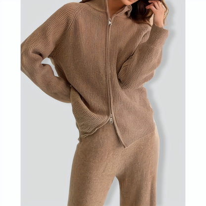 Zipper Lapel Knitted Cardigan + Wide-Leg Pants