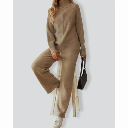Zipper Lapel Knitted Cardigan + Wide-Leg Pants