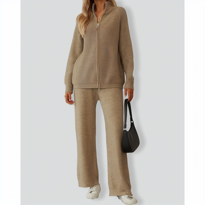 Zipper Lapel Knitted Cardigan + Wide-Leg Pants