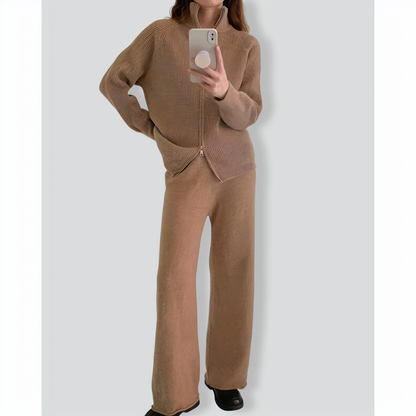 Zipper Lapel Knitted Cardigan + Wide-Leg Pants