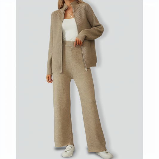 Zipper Lapel Knitted Cardigan + Wide-Leg Pants