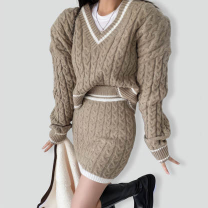 Retro V-neck contrasting hemp pattern two-piece set