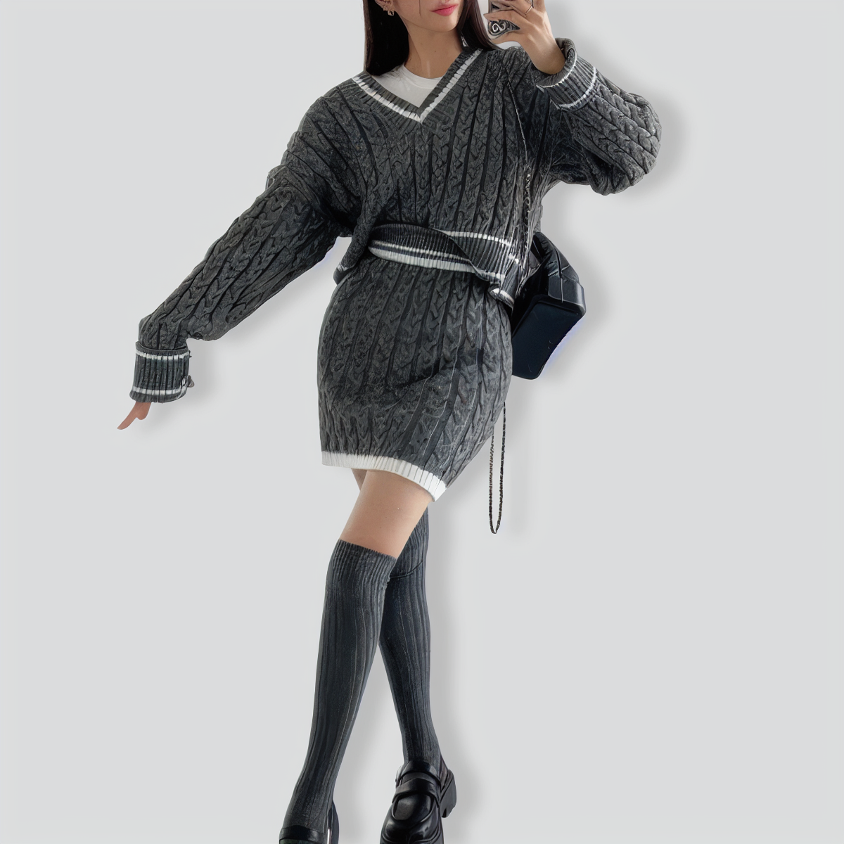 Retro V-neck contrasting hemp pattern two-piece set