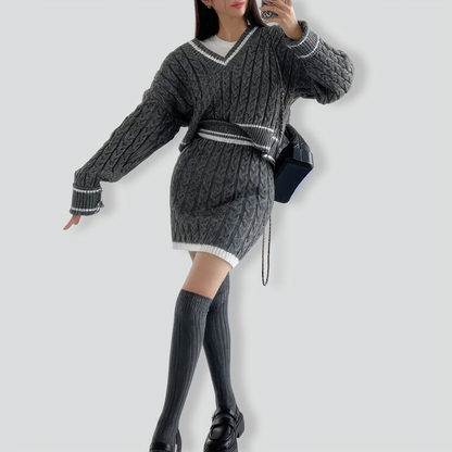 Retro V-neck contrasting hemp pattern two-piece set