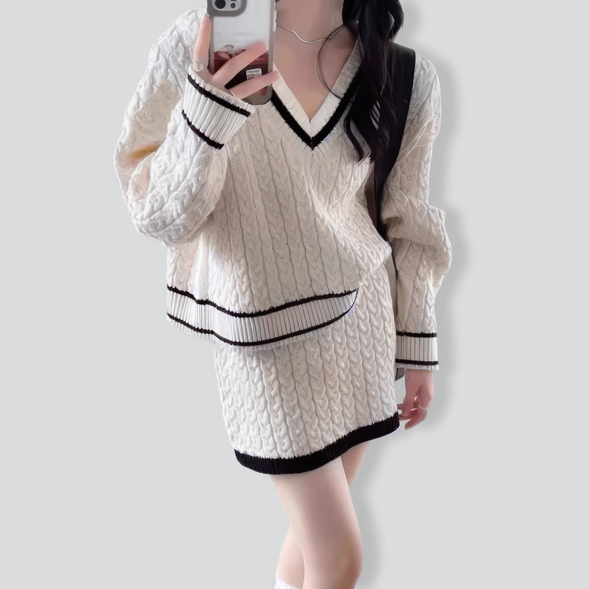 Retro V-neck contrasting hemp pattern two-piece set