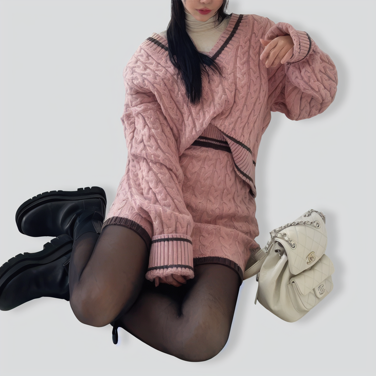 Retro V-neck contrasting hemp pattern two-piece set