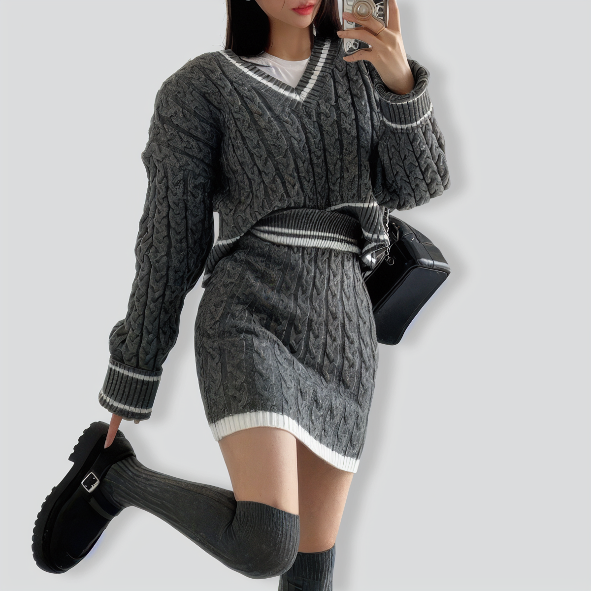 Retro V-neck contrasting hemp pattern two-piece set