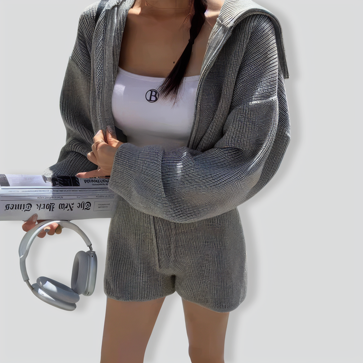 Temperament Navy Collar Zipper Drawstring Two-Piece Set