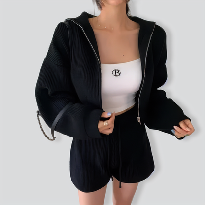 Temperament Navy Collar Zipper Drawstring Two-Piece Set