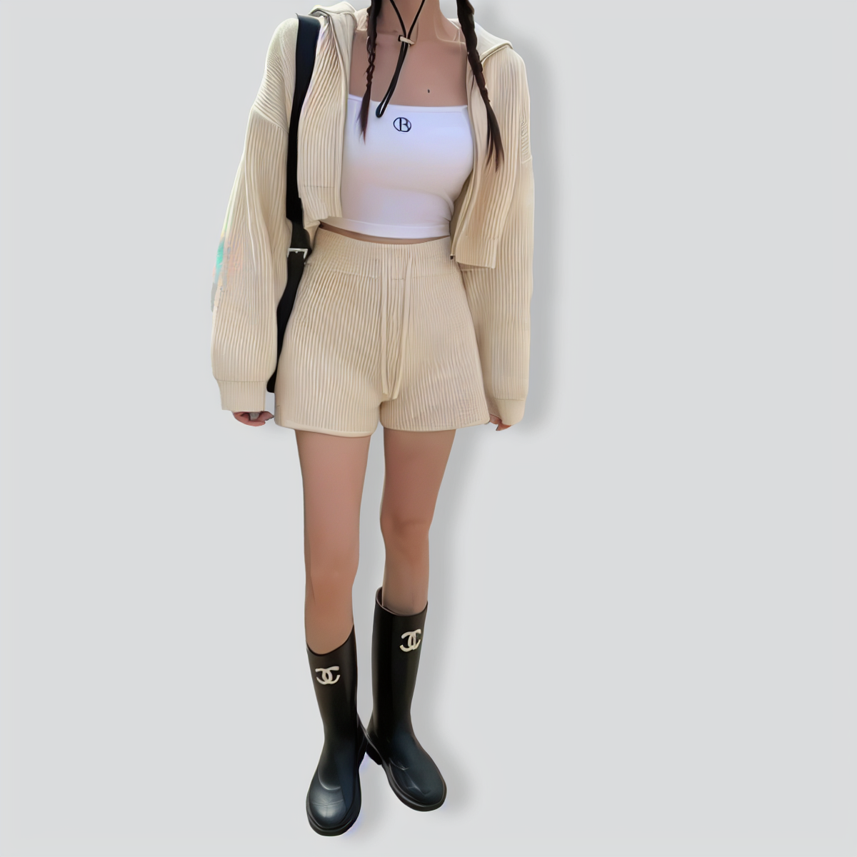 Temperament Navy Collar Zipper Drawstring Two-Piece Set