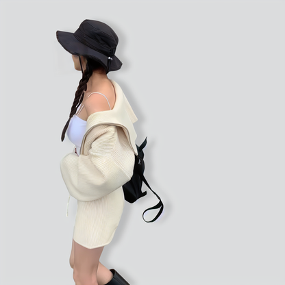 Temperament Navy Collar Zipper Drawstring Two-Piece Set