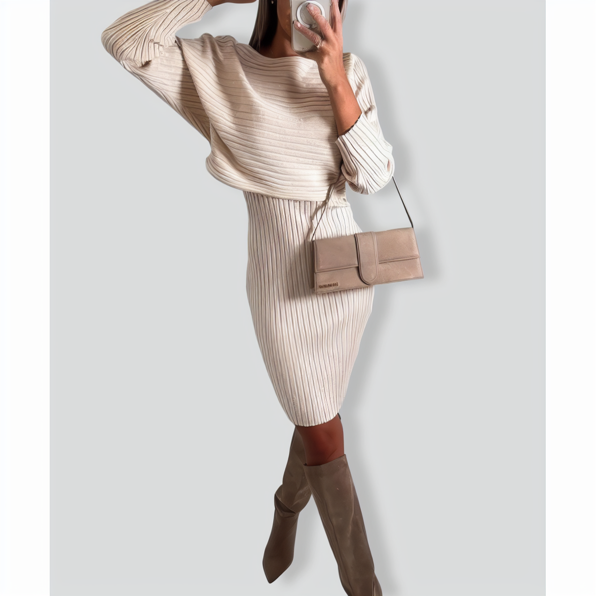 Fashion Solid Color Woolen Camisole Top Two -piece Suit