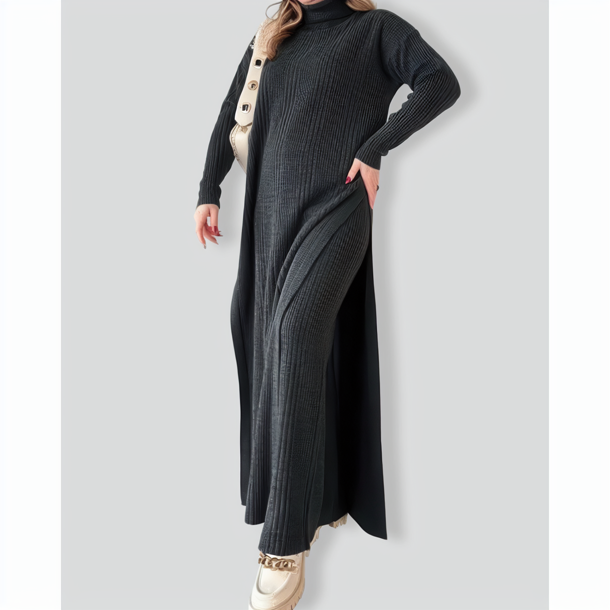 Chic Extended Length Slit Knitted Two-Piece Set