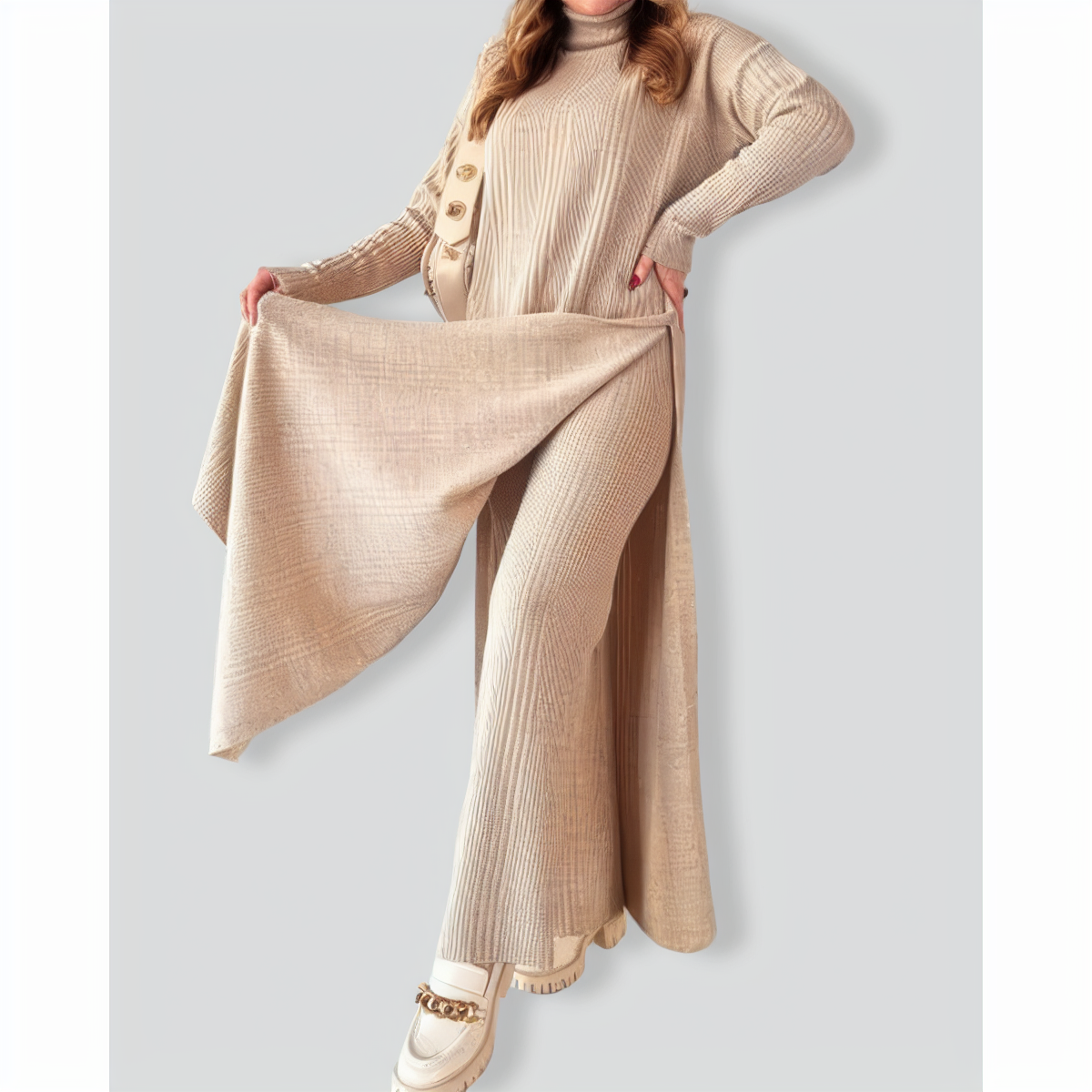 Chic Extended Length Slit Knitted Two-Piece Set