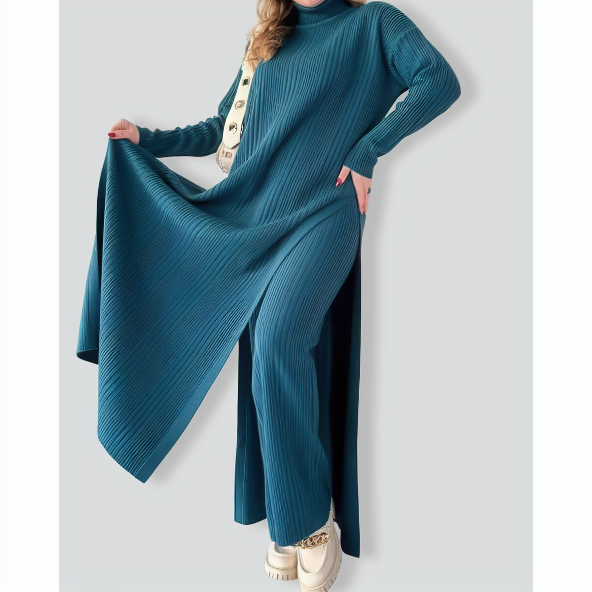 Chic Extended Length Slit Knitted Two-Piece Set