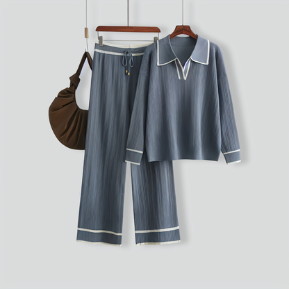 Stylish Lapel Contrast Color Casual Two-Piece Set