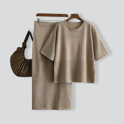 Casual Hollow Top & Skirt Solid Color Two-Piece Set