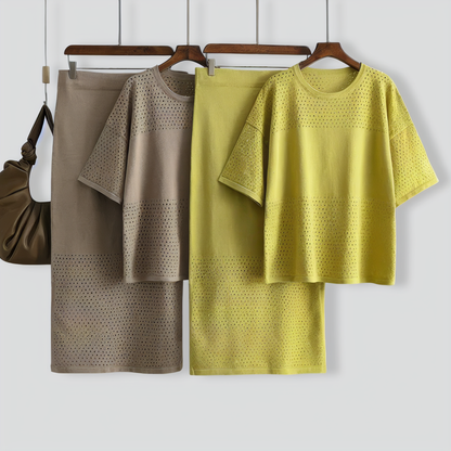 Casual Hollow Top & Skirt Solid Color Two-Piece Set