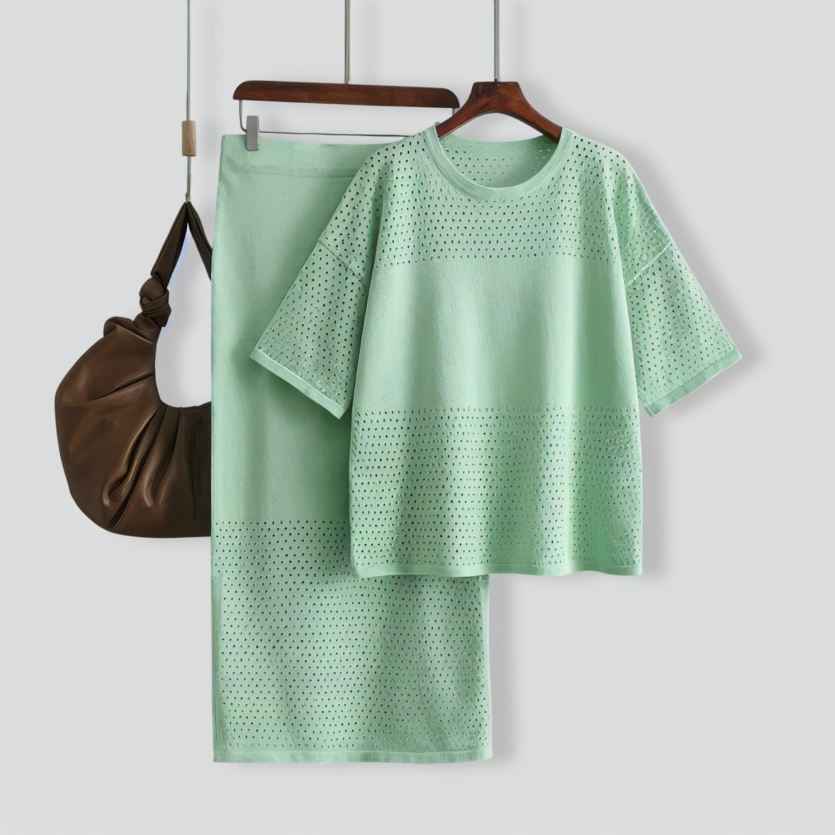 Casual Hollow Top & Skirt Solid Color Two-Piece Set