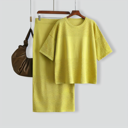 Casual Hollow Top & Skirt Solid Color Two-Piece Set