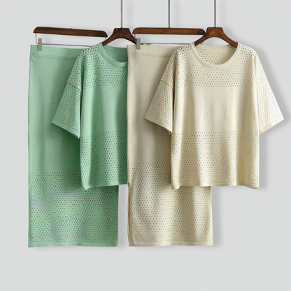 Casual Hollow Top & Skirt Solid Color Two-Piece Set