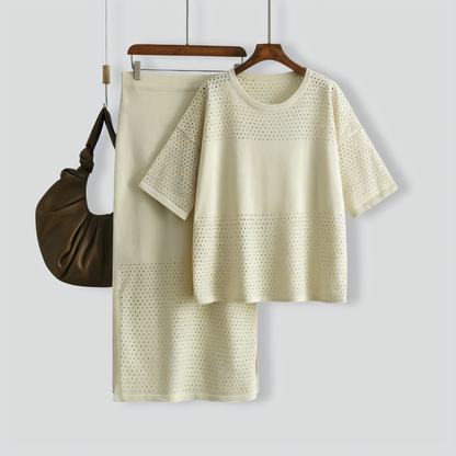 Casual Hollow Top & Skirt Solid Color Two-Piece Set