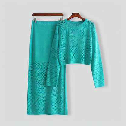 Stylish Hollow Top & Skirt Two-Piece Set