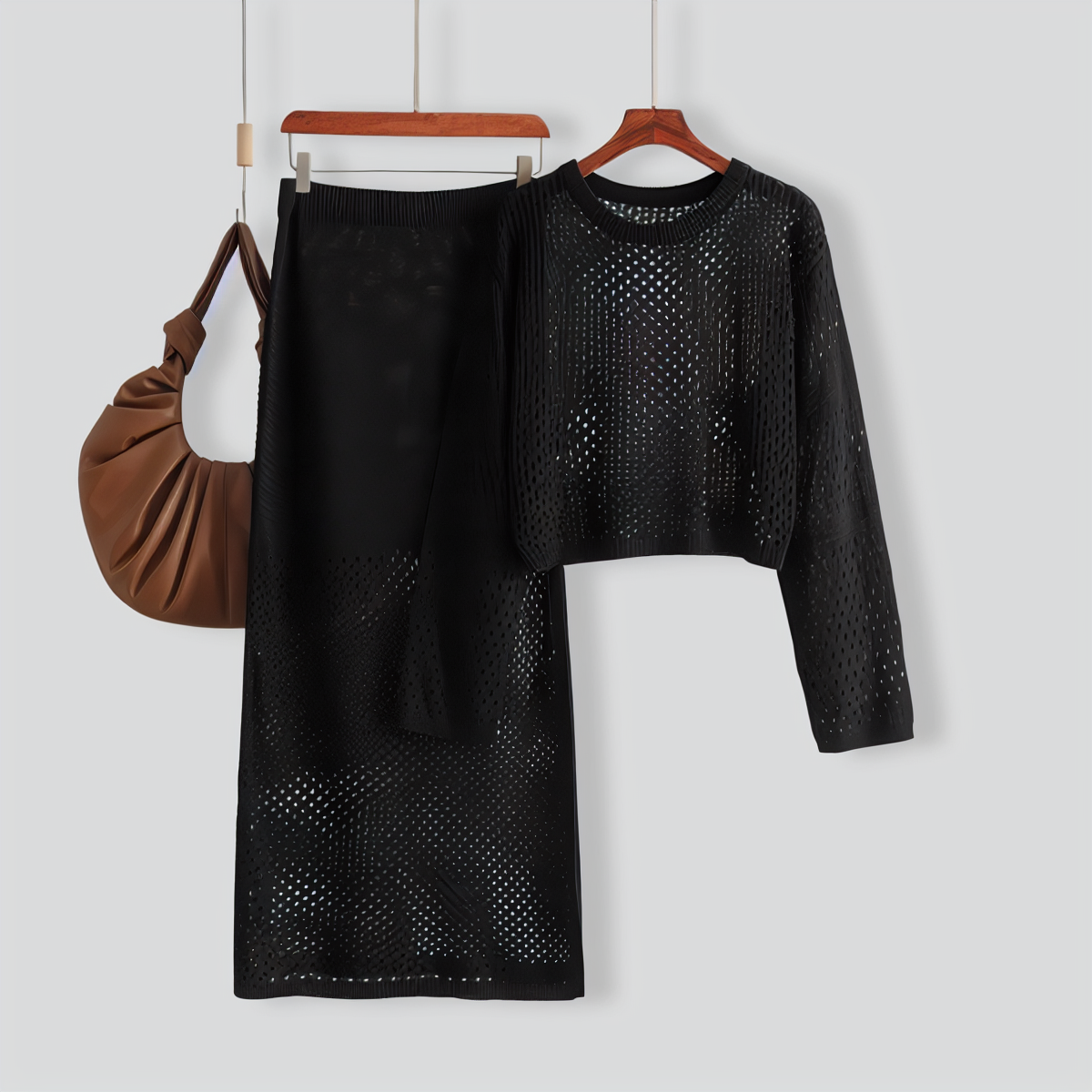 Stylish Hollow Top & Skirt Two-Piece Set