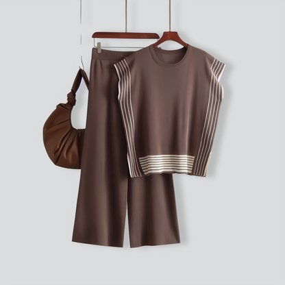 Stylish Striped Patchwork Solid Color Sleeveless Top & High Waist Pants Two-Piece Set