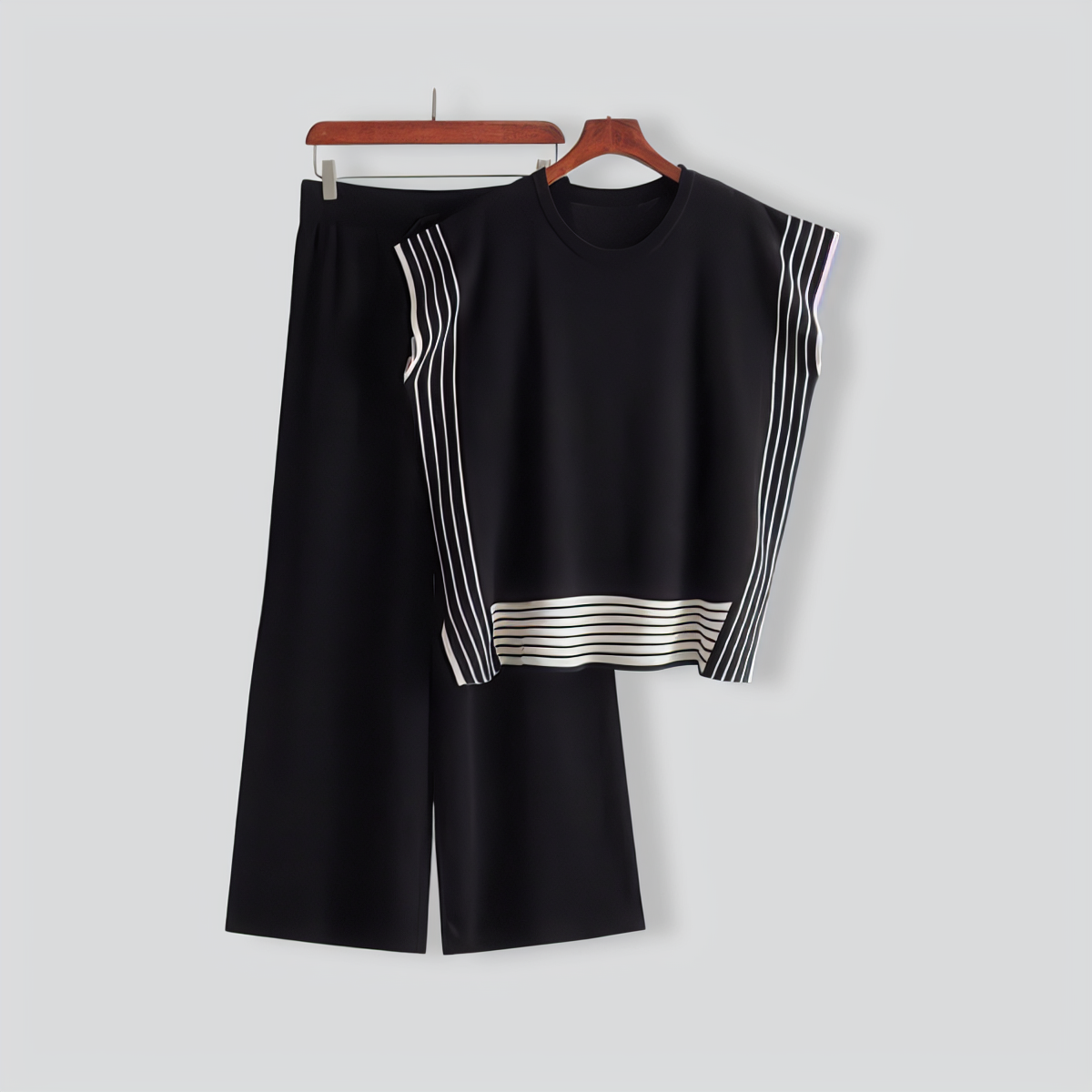 Stylish Striped Patchwork Solid Color Sleeveless Top & High Waist Pants Two-Piece Set