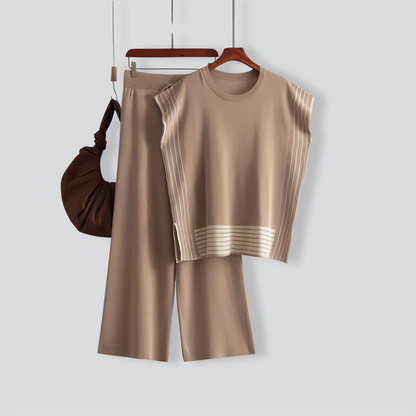 Stylish Striped Patchwork Solid Color Sleeveless Top & High Waist Pants Two-Piece Set