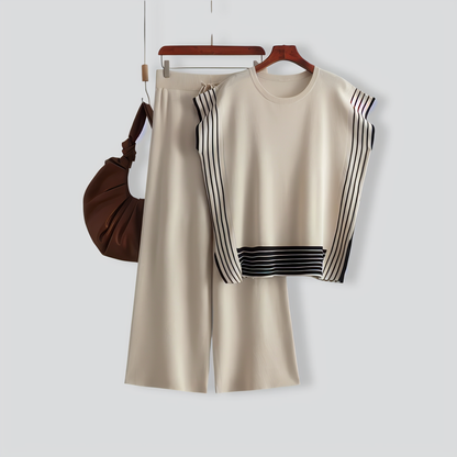 Stylish Striped Patchwork Solid Color Sleeveless Top & High Waist Pants Two-Piece Set
