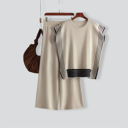 Stylish Striped Patchwork Solid Color Sleeveless Top & High Waist Pants Two-Piece Set