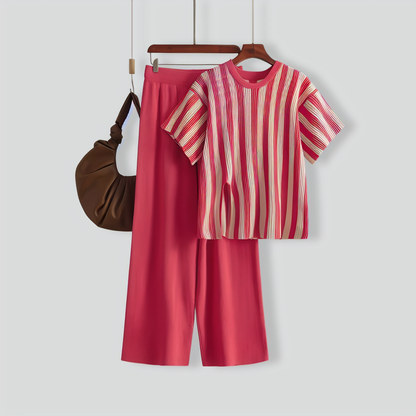 Casual Vertical Stripe Slit Top & High Waist Solid Color Pants Two-Piece Set