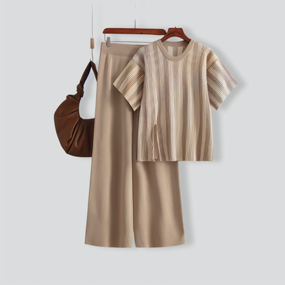 Casual Vertical Stripe Slit Top & High Waist Solid Color Pants Two-Piece Set