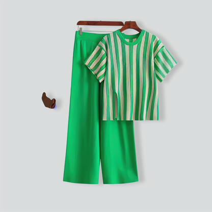 Casual Vertical Stripe Slit Top & High Waist Solid Color Pants Two-Piece Set