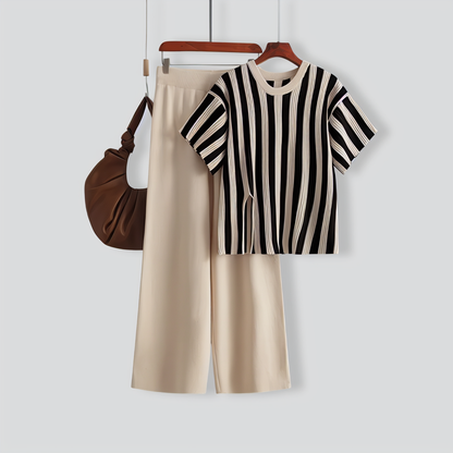 Casual Vertical Stripe Slit Top & High Waist Solid Color Pants Two-Piece Set