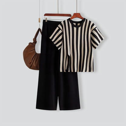 Casual Vertical Stripe Slit Top & High Waist Solid Color Pants Two-Piece Set