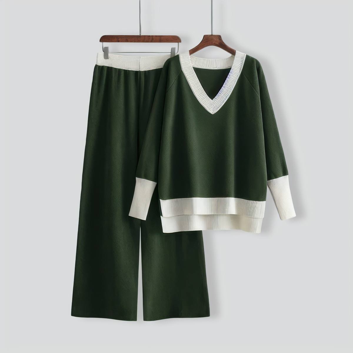 Casual V-Neck Contrast Top & Wide-Leg Pants Two-Piece Set