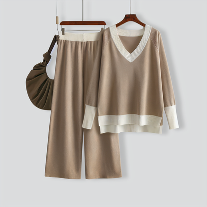 Casual V-Neck Contrast Top & Wide-Leg Pants Two-Piece Set