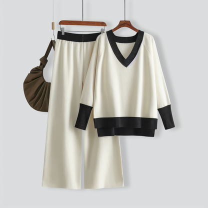 Casual V-Neck Contrast Top & Wide-Leg Pants Two-Piece Set