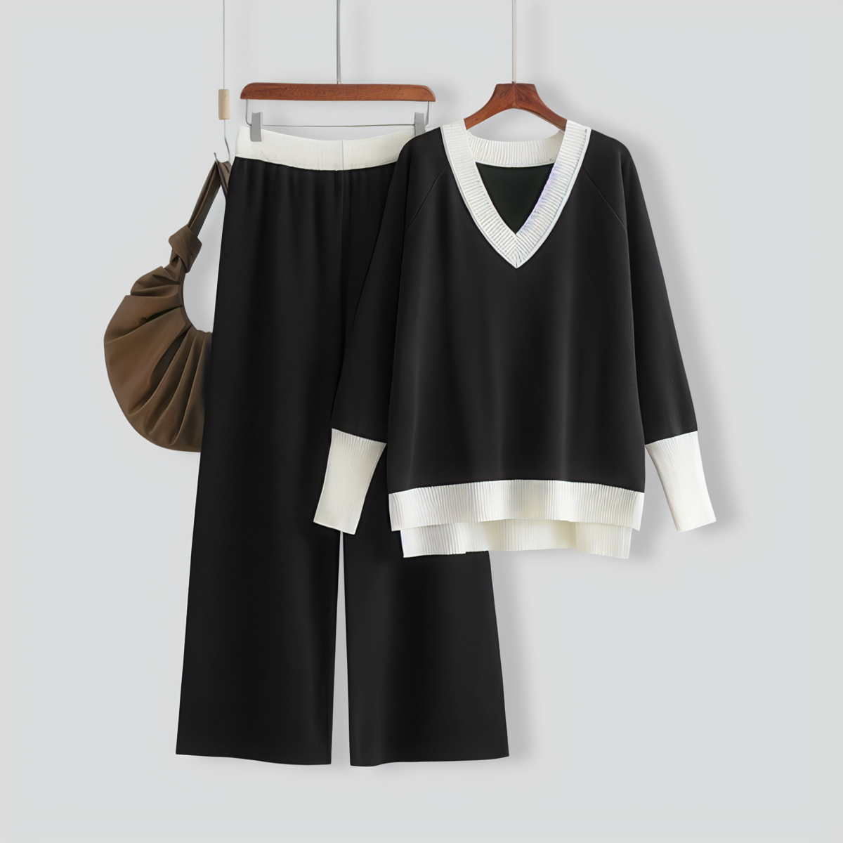 Casual V-Neck Contrast Top & Wide-Leg Pants Two-Piece Set