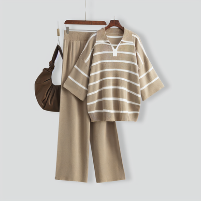 Stylish Striped Top & Solid Color Wide Leg Pants Two-Piece Set