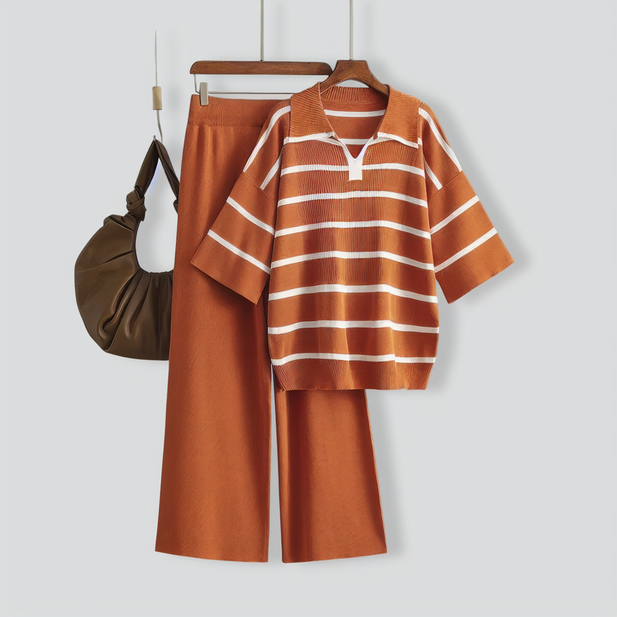 Stylish Striped Top & Solid Color Wide Leg Pants Two-Piece Set