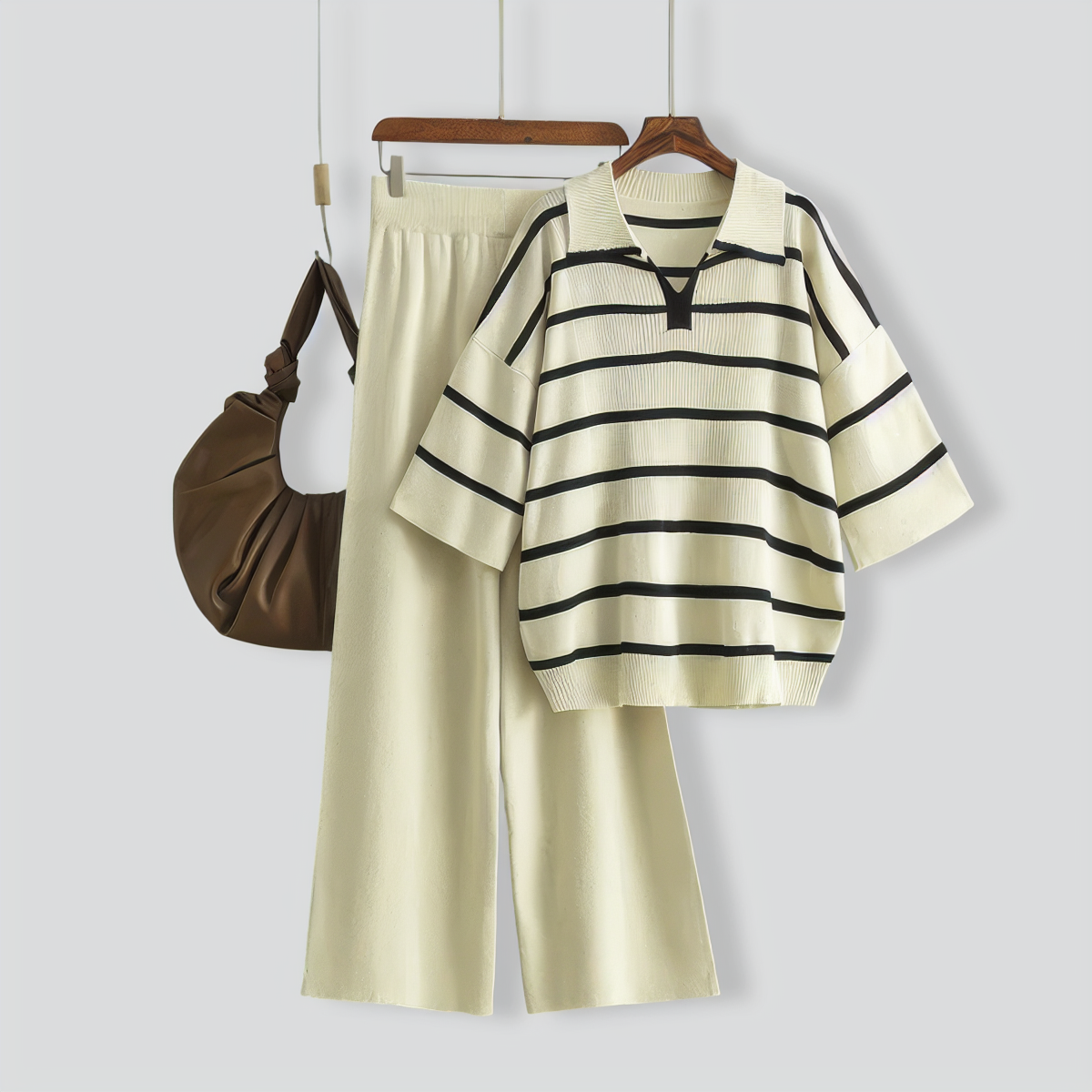 Stylish Striped Top & Solid Color Wide Leg Pants Two-Piece Set