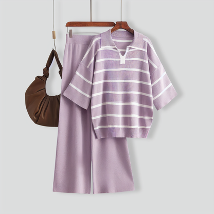 Stylish Striped Top & Solid Color Wide Leg Pants Two-Piece Set