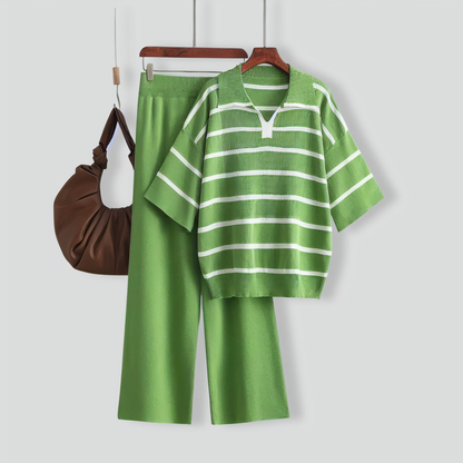 Stylish Striped Top & Solid Color Wide Leg Pants Two-Piece Set