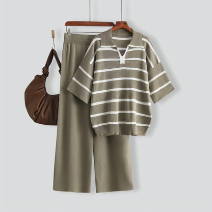 Stylish Striped Top & Solid Color Wide Leg Pants Two-Piece Set