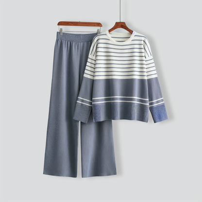 Casual Striped Crewneck Sweater Stylish Two-piece Set